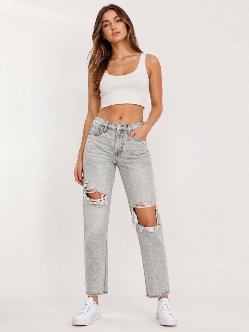 American Eagle 8 ‘90s Straight Women’s Jeans High Rise Gray Distressed 2022